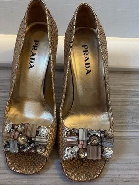Vintage Prada Snakeskin Heels with Crystal Accents